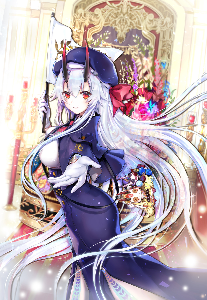 absurdres black_horns breasts candelabra candlestand capelet character_doll commentary_request dress eyelashes fate/grand_order fate_(series) female flag gloves gradient_horns gradient_necktie graphite_(medium) hair_between_eyes hat hat_ribbon highres holding holding_flag horns ibaraki_douji_(fate) long_dress long_hair medium_breasts mintes multicolored_horns necktie outstretched_hand purple_capelet purple_dress purple_hat purple_necktie red_eyes red_horns red_necktie red_ribbon ribbon shirt shoulder_strap shuten_douji_(fate) side_slit single_sidelock skin-covered_horns smile solo sunshine_creation tomoe_gozen_(fate) tomoe_gozen_(festival_outfit)_(fate) traditional_media very_long_hair white_flag white_gloves white_hair white_shirt