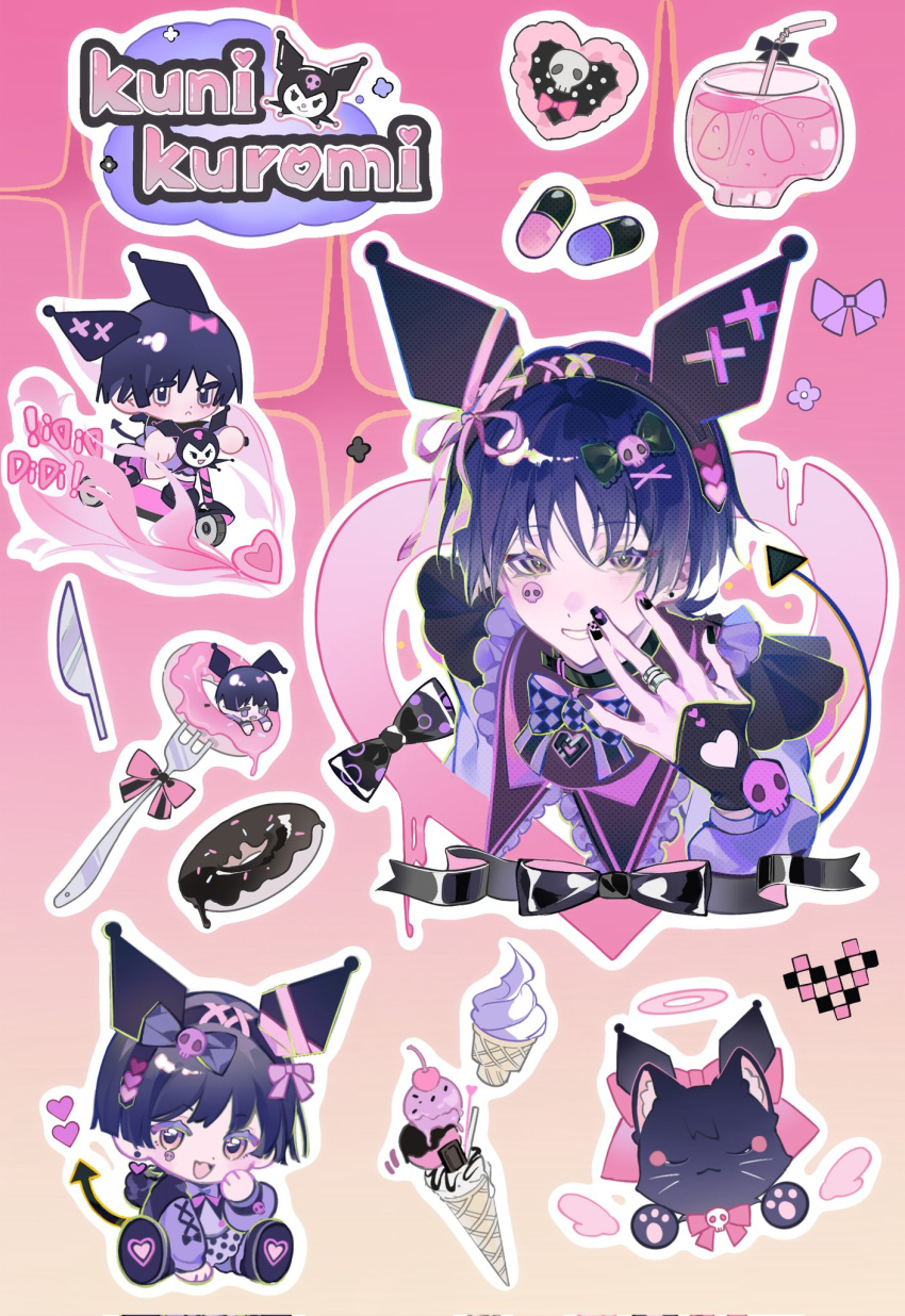 1boy \||/ black_bow black_nails blue_hair bow brown_eyes character_name chibi cosplay demon_tail genshin_impact hair_ornament hairbow heart highres jewelry kuromi kuromi_(cosplay) long_sleeves male_focus onegai_my_melody pill pink_background purple_bow purple_shirt ring sanrio scaramouche_(cat)_(genshin_impact) scaramouche_(genshin_impact) shirt skull skull_hair_ornament smile solo tail teeth xiannu168