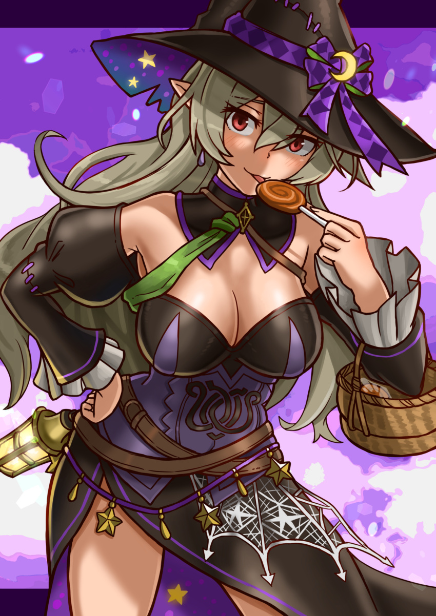 absurdres bad_id bad_pixiv_id bare_shoulders breasts candy cleavage commission corrin_(female)_(fire_emblem) corrin_(female)_(halloween)_(fire_emblem) corrin_(fire_emblem) detached_collar detached_sleeves dress female fire_emblem fire_emblem_fates fire_emblem_heroes food grey_hair hat highres holding holding_candy holding_food holding_lollipop large_breasts lollipop long_hair looking_at_viewer official_alternate_costume oniisan02b pointy_ears purple_background red_eyes side_slit skeb_commission smile solo strapless strapless_dress tongue tongue_out wavy_hair witch_hat