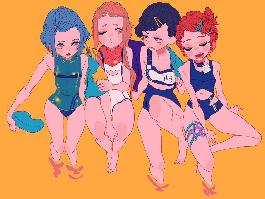 4girls absurdres bare_arms bare_legs bare_shoulders bikini black_hair blue_eyes blue_hair blue_jacket blue_one-piece_swimsuit blush_stickers buruma cleavage_cutout closed_eyes clothing_cutout collarbone commentary_request from_above hair_bun hair_ornament hairclip highres jacket long_hair matumot multiple_girls navel one-piece_swimsuit one_eye_closed orange_background orange_hair original pentagram red_hair ripples shared_clothes short_hair sidelocks simple_background single_hair_bun sitting stomach_cutout swimsuit tankini thigh_strap x_hair_ornament