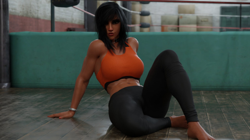 1girls 3d abs athletic big_breasts black_hair blizzard_entertainment bracelet brown_eyes choker dark-skinned_female dark_skin egyptian egyptian_female fareeha_amari feet female female_only female_protagonist fit fit_female fully_clothed human indoors large_breasts leggings muscle_mommy no_socks overwatch pharah solo sports_bra tagme tanuking3d tattoo thick_thighs