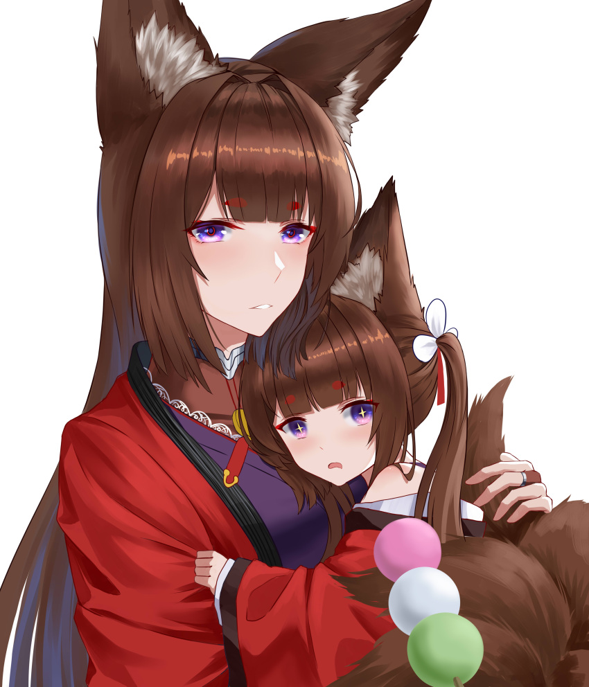 +_+ 2girls absurdres aged_down amagi-chan_(azur_lane) amagi_(azur_lane) animal_ears azur_lane blunt_bangs brown_hair carrying carrying_person commentary_request dango detached_sleeves drooling fingerless_gloves food fox_ears fox_girl fox_tail frozen-sad gloves hair_ribbon highres holding hug japanese_clothes kimono kitsune kyuubi long_hair looking_at_viewer mother_and_daughter multiple_girls multiple_tails name_connection parted_lips purple_eyes ribbon rope shimenawa sidelocks simple_background symbol-shaped_pupils tail thick_eyebrows twintails wagashi white_background wide_sleeves