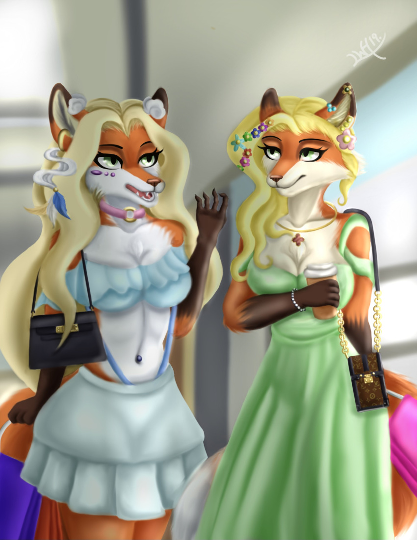 absurd_res canid canine clothing dress duo ear_piercing ear_ring female fox handbag hi_res louis_vuitton lynn_(wenqu0304) mammal navel navel_piercing piercing ring_piercing shopping_bag wenqu0304