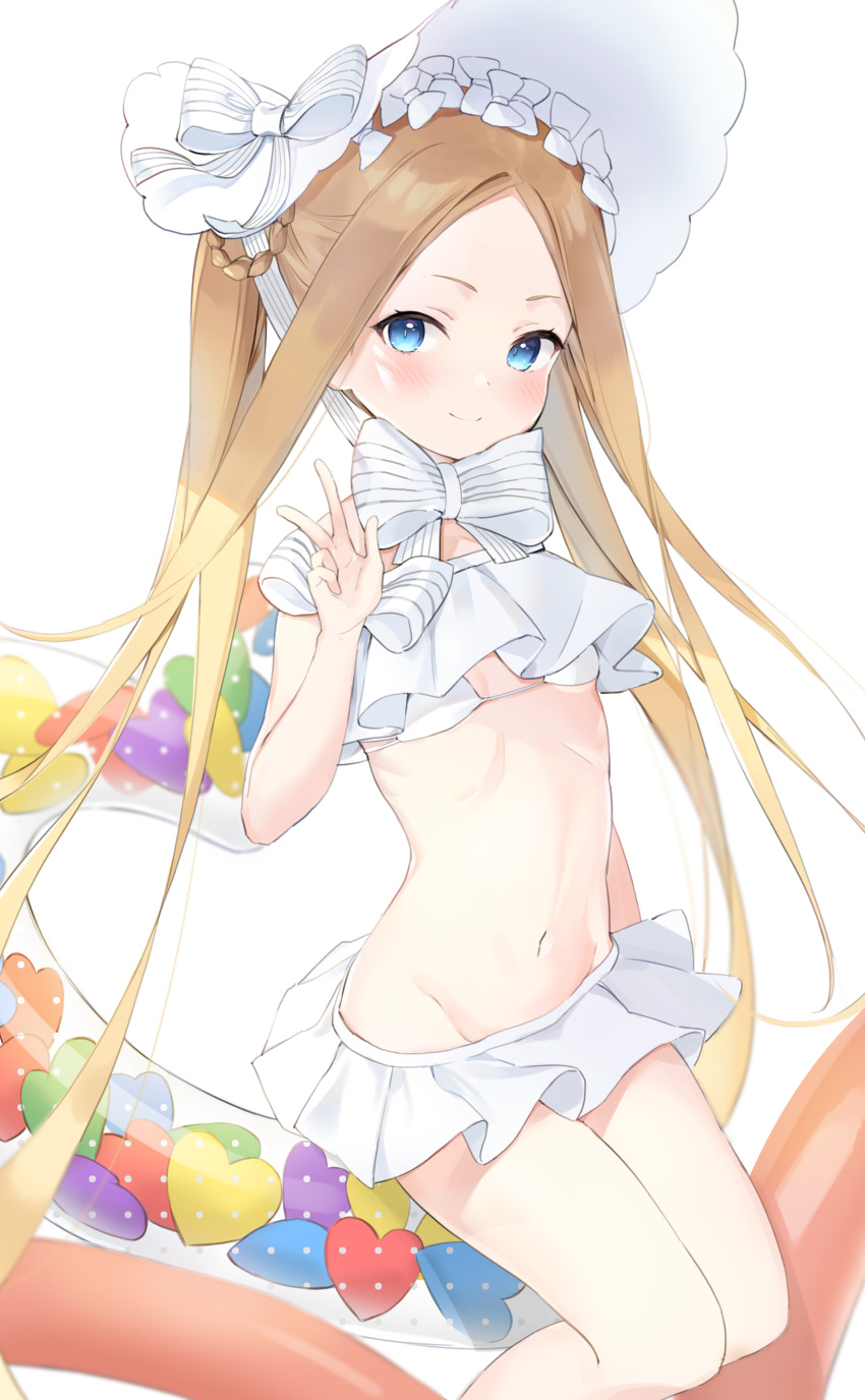 abigail_williams_(fate) abigail_williams_(swimsuit_foreigner)_(fate) abigail_williams_(swimsuit_foreigner)_(third_ascension)_(fate) absurdres bare_shoulders bikini blonde_hair blue_eyes blush bonnet bow braid braided_hair_rings breasts closed_mouth fate/grand_order fate_(series) female forehead hair_rings highres innertube long_hair looking_at_viewer mint_(psmin30) multiple_bows navel parted_bangs photoshop_(medium) sidelocks simple_background small_breasts smile swim_ring swimsuit thighs twin_braids very_long_hair w white_background white_bikini white_bow white_headwear