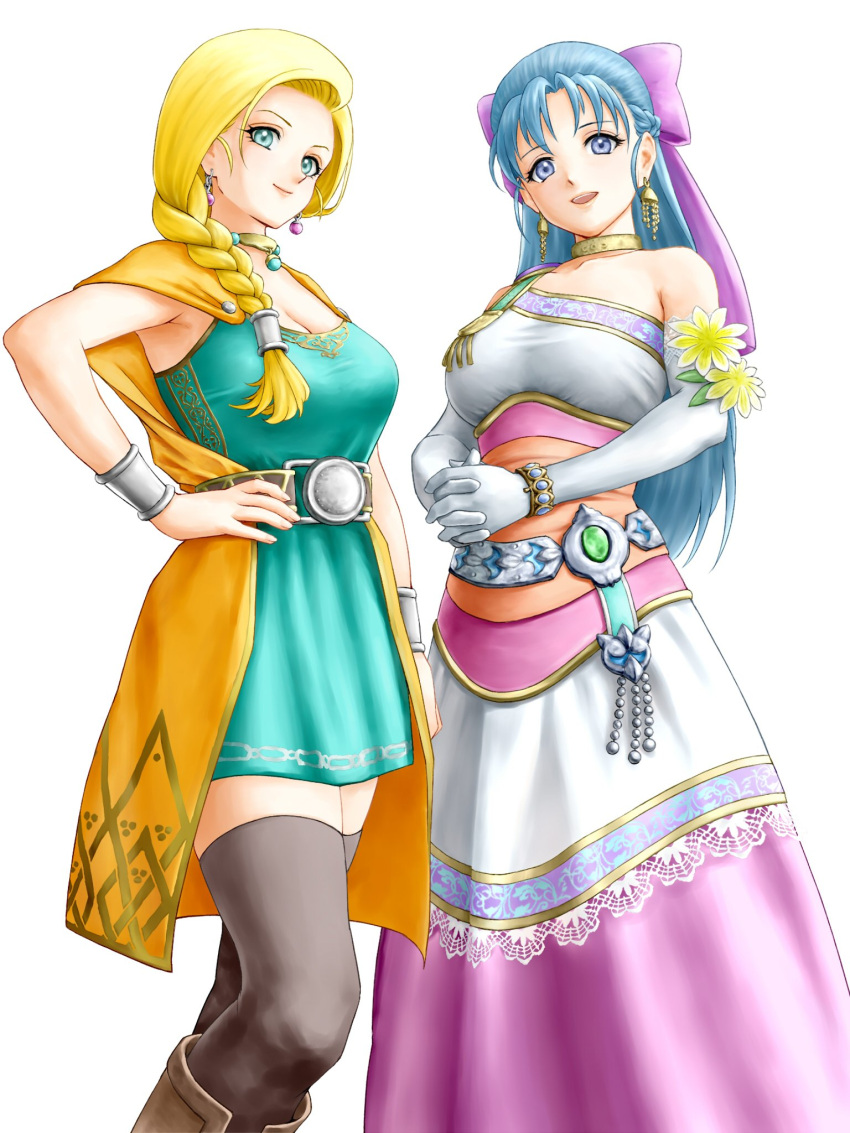 2girls asymmetrical_sleeves bare_shoulders belt bianca_(dq5) blonde_hair blue_eyes blue_hair boots bow bracelet braid braided_ponytail breasts brown_footwear brown_thighhighs cape cleavage closed_mouth collarbone commentary_request cowboy_shot dragon_quest dragon_quest_heroes dragon_quest_v dress earrings elbow_gloves flora_(dq5) flower french_braid gloves green_dress hair_behind_ear hair_over_shoulder hair_pulled_back hairbow half_updo hand_on_own_hip highres huge_bow interlocked_fingers jewelry knee_boots large_breasts long_dress long_hair looking_at_viewer medium_breasts multiple_girls neck_ring open_mouth orange_cape own_hands_together pink_bow single-shoulder_dress single_braid single_strap sleeveless sleeveless_dress smile standing swept_bangs thighhighs white_background white_gloves x_chitch yellow_flower zettai_ryouiki