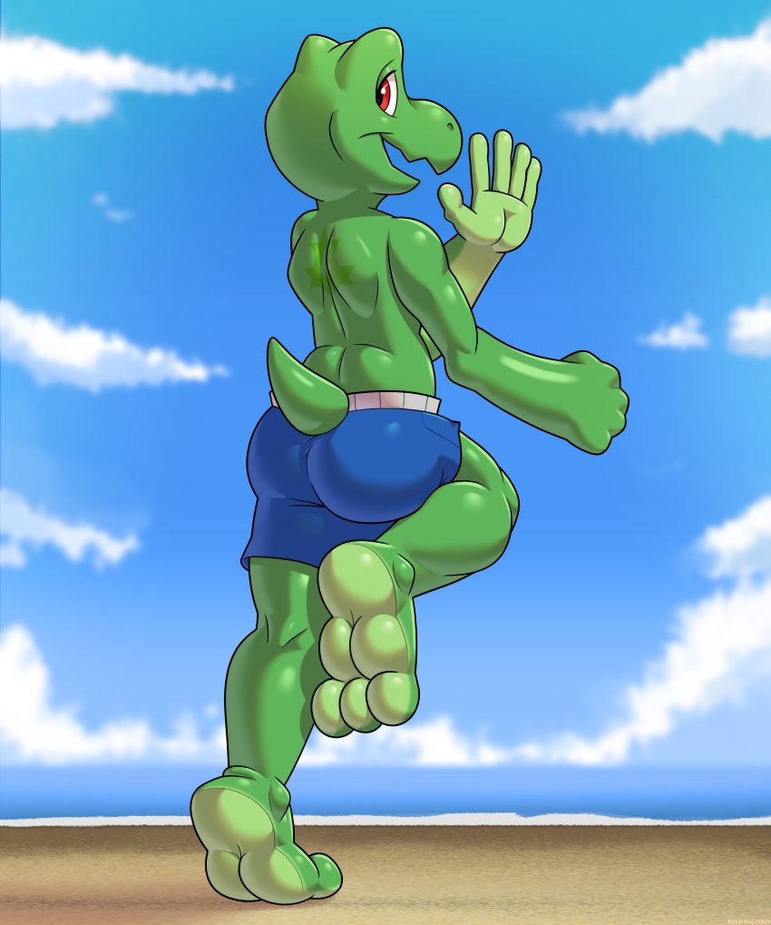 3_toes 5_fingers absurd_res anthro barefoot beach biped clothed clothing countershade_feet countershading feet fingers green_body green_scales hi_res hindpaw ket_ralus_(character) looking_at_another looking_back male open_mouth partially_clothed paws plantigrade red_eyes rodricoro scales seaside smile soles solo swimming_trunks swimwear tail toes tortavi