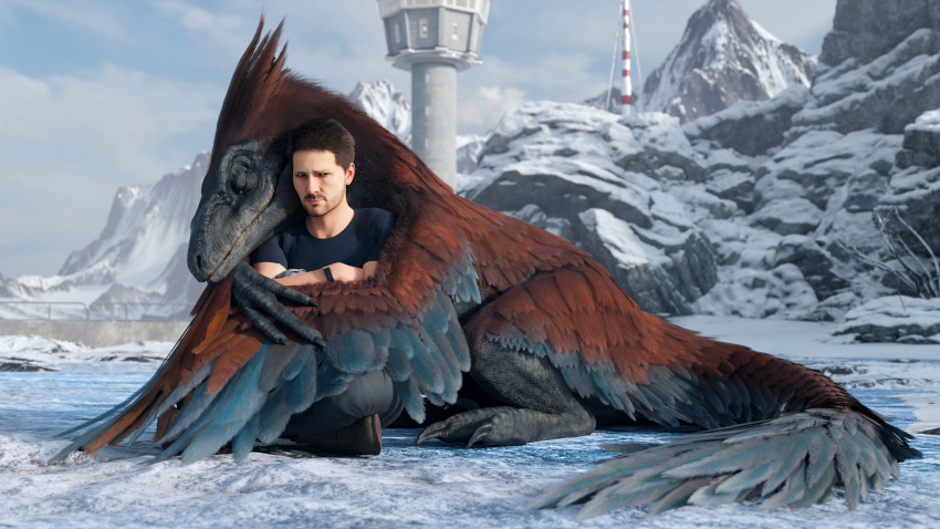 16:9 2022 3d_(artwork) 4k absurd_res ambiguous_gender black_body black_claws black_scales blue_body blue_feathers chris_pratt claws closed_eyes clothed clothing cold crossed_arms crossed_legs detailed_background digital_media_(artwork) dinosaur dromaeosaurid duo extinct facial_hair feathered_dinosaur feathered_scalie feathers feral freezing frown fur hair hi_res hug hugging_another hugging_from_behind human ice ivorylagiacrus jurassic_park jurassic_world jurassic_world:_dominion looking_away male mammal mountain mouth_closed multicolored_body multicolored_feathers on_ground outside owen_grady prehistoric_species pyroraptor red_body red_feathers reptile scales scalie sitting snow theropod toe_claws universal_studios widescreen winter