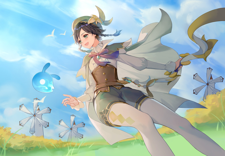 1boy androgynous argyle_clothes argyle_legwear beret bird black_hair blue_hair bow bow_(weapon) braid brooch cape cloud cloudy_sky collared_cape collared_shirt corset day feathers flower frilled_sleeves frills gem genshin_impact gradient_hair green_eyes green_hat green_shorts hat hat_flower holding holding_bow_(weapon) holding_weapon jewelry kokunen_aoteci leaf long_sleeves looking_afar male_focus multicolored_hair open_mouth outdoors pantyhose plain seelie_(genshin_impact) shirt short_hair_with_long_locks shorts sky smile solo twin_braids venti_(genshin_impact) vision_(genshin_impact) weapon white_flower white_pantyhose white_shirt windmill