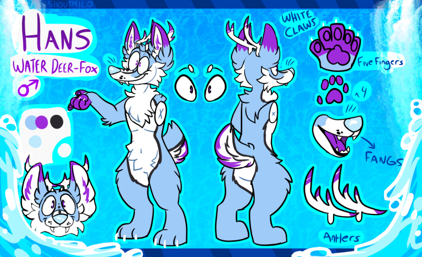 anthro antlers canid canine deer english_text fox horn hybrid male mammal model_sheet shoutmilo solo text water_deer