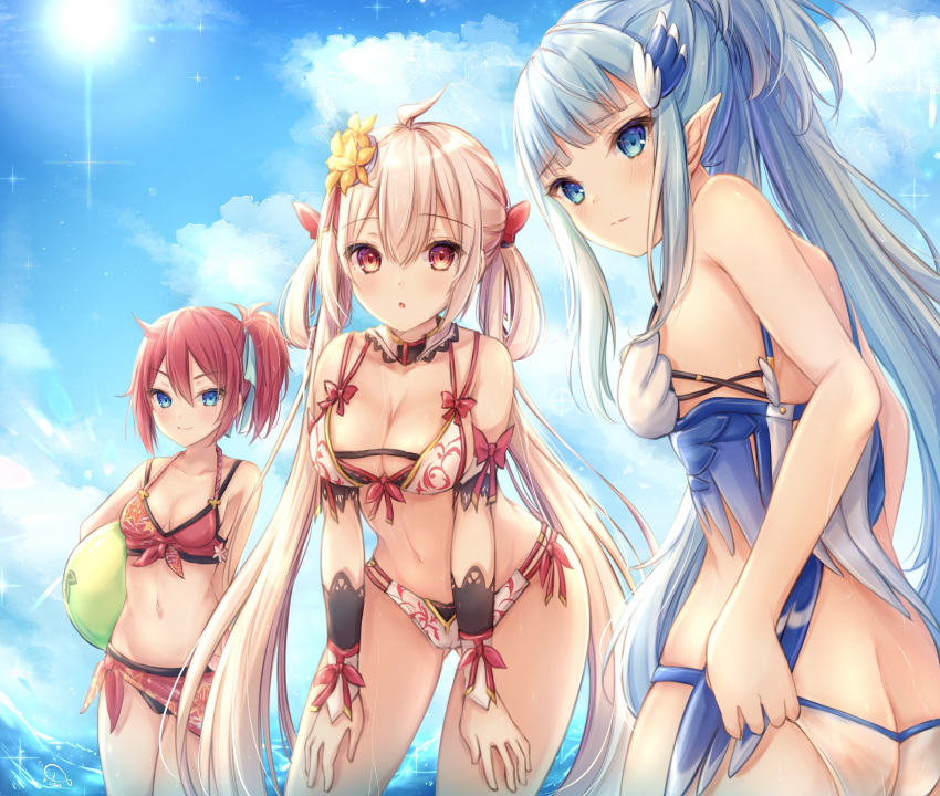 >:) 3girls :o ahoge ass ass_visible_through_thighs ball bare_arms bare_shoulders beachball bikini blue_bow blue_eyes blue_hair blush bow breasts butt_crack carrying carrying_under_arm cleavage closed_mouth commentary_request day flower grey_hair hair_between_eyes hair_flower hair_ornament hair_rings hairbow hands_on_own_thighs hands_on_thighs harriet_(pso2) highres kiri_celea leaning_forward long_hair looking_at_viewer matoi_(pso2) medium_breasts multiple_girls outdoors parted_lips phantasy_star phantasy_star_online_2 pointy_ears red_bikini red_hair side_ponytail signature small_breasts smile standing swimsuit twintails v-shaped_eyebrows very_long_hair water white_bikini yasaka_hitsugi yellow_flower