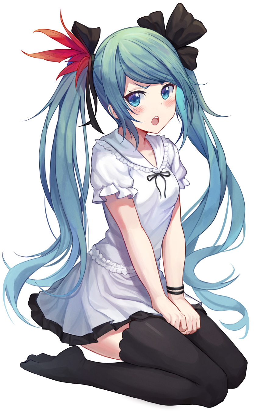 :o absurdres bib_(bibboss39) black_bow black_thighhighs blue_eyes blue_hair blush bow bracelet breasts commentary dress feather_hair_ornament feathers female frilled_sleeves frills full_body hair_ornament hairbow hatsune_miku highres jewelry long_hair looking_at_viewer open_mouth own_hands_together short_sleeves sidelocks sitting small_breasts solo supreme_(module) thighhighs twintails v-shaped_eyebrows very_long_hair vocaloid wariza white_dress world_is_mine_(vocaloid)