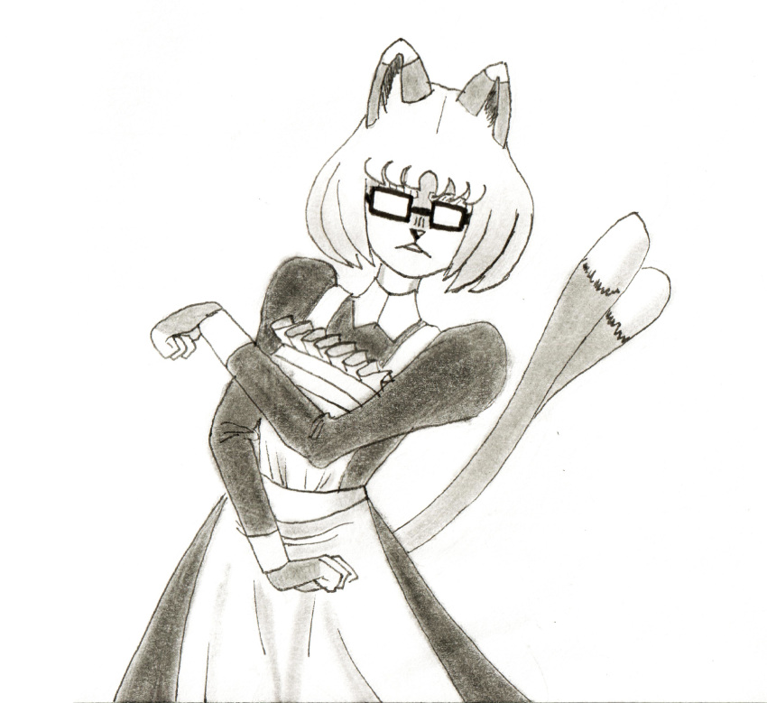 2_tails absurd_res anthro asian_mythology bakeneko bob_cut cat_nose cat_tail clothing domestic_cat east_asian_mythology efradraws eyewear felid feline felis female fur glasses graphite_(artwork) hi_res japanese_mythology kokono_geto maid_uniform mammal marker_(artwork) multi_tail multicolored_body multicolored_fur mythology pencil_(artwork) pose solo tail traditional_media_(artwork) two_tone_body two_tone_fur uniform yokai