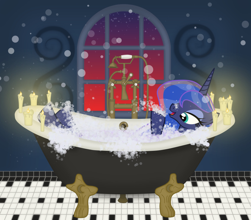 absurd_res alicorn bath bathroom bathtub blowing_soap_bubbles blue_hair bubble bubble_bath candle candlelight claw_foot_bathtub emu34b equid equine ethereal_hair faucet female feral floor friendship_is_magic hair hasbro hi_res horn horse light lying mammal mega_spark my_little_pony mythological_creature mythological_equine mythology on_back partially_submerged pony princess_luna_(mlp) relaxing shower_head smile soap_bubbles solo tile tile_floor twilight window wings