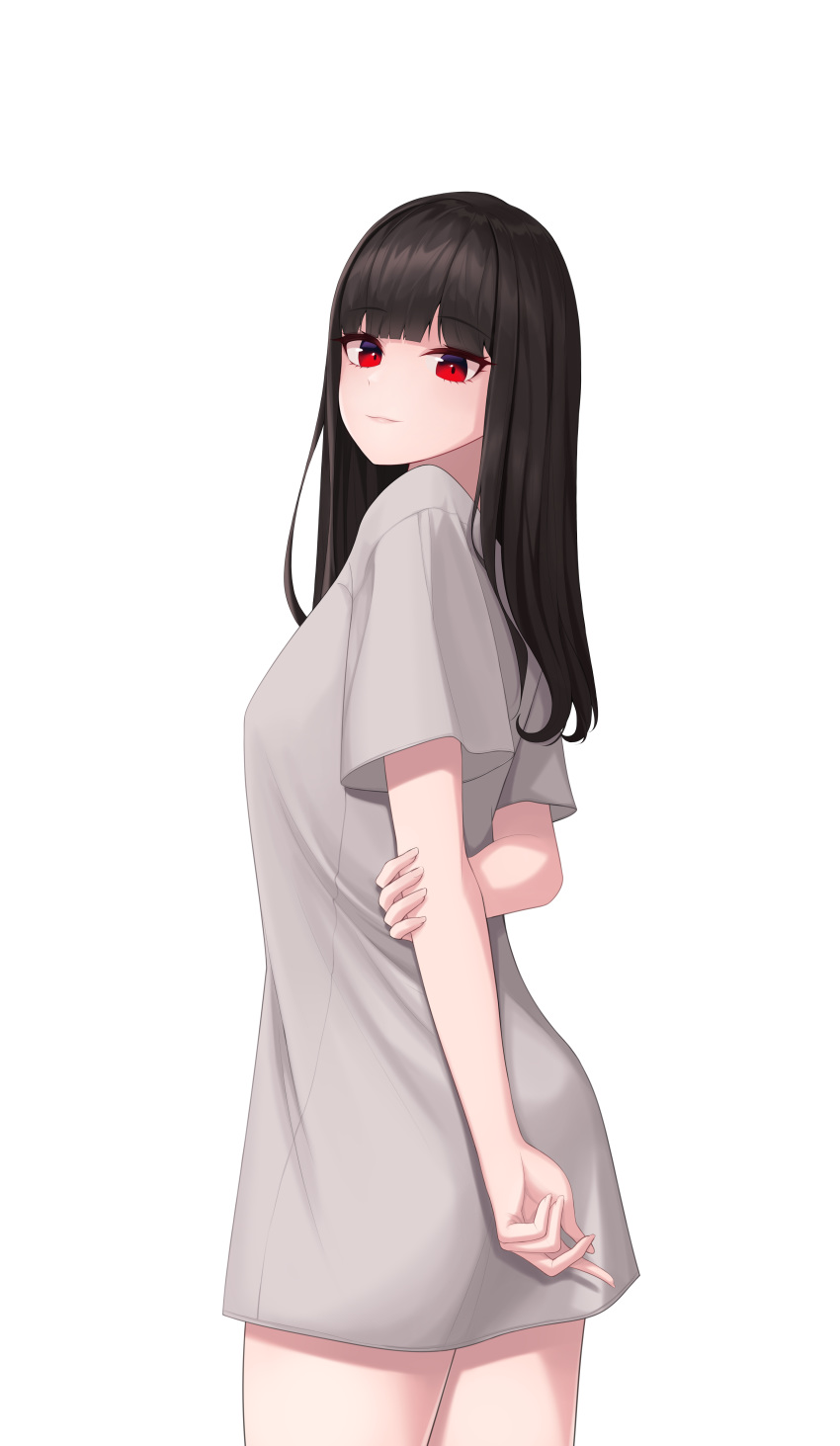 absurdres arm_behind_back bad_id bad_pixiv_id black_hair blunt_bangs breasts commentary female from_behind grey_shirt highres long_hair looking_at_viewer looking_back medium_breasts original red_eyes shirt short_sleeves simple_background smile solo white_background yuyo_(i_iuyo)