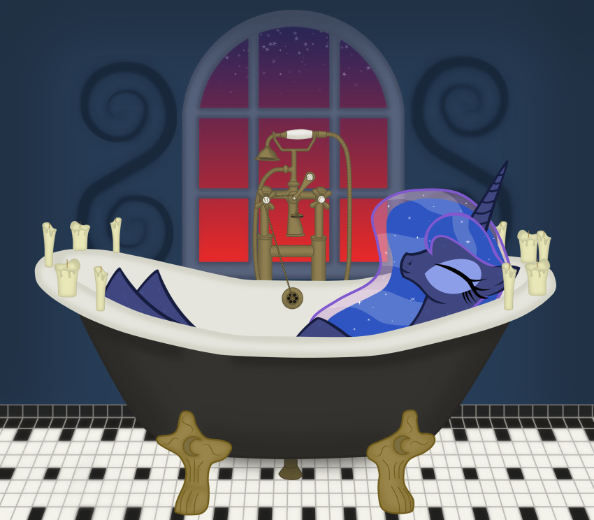 absurd_res alicorn bath bathroom bathtub blue_hair candle chains claw_foot_bathtub closed_eyes drain_plug emu34b equid equine ethereal_hair faucet female feral floor friendship_is_magic hair hasbro hi_res horn lying mammal mega_spark my_little_pony mythological_creature mythological_equine mythology on_back plug princess_luna_(mlp) relaxing shower shower_head smile solo sunset tile tile_floor twilight wet_mane window wings