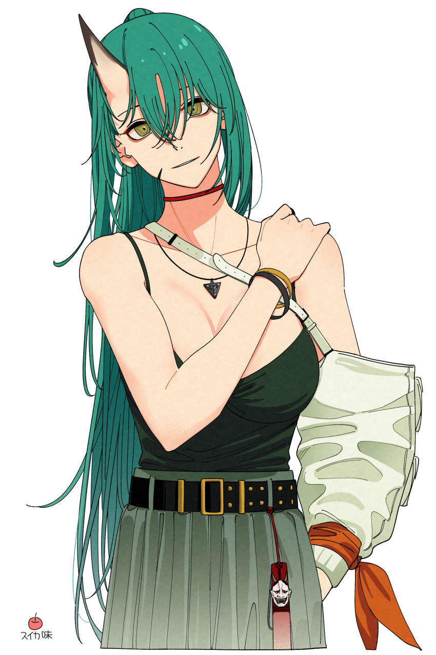 absurdres alternate_costume arknights belt bracelet breasts choker cleavage female green_eyes green_hair green_skirt green_tank_top hair_between_eyes hand_on_own_shoulder highres horns hoshiguma_(arknights) jewelry large_breasts long_hair looking_at_viewer necklace red_choker scar scar_on_cheek scar_on_face signature simple_background single_horn single_sleeve skin-covered_horns skirt solo suika_aji tank_top very_long_hair