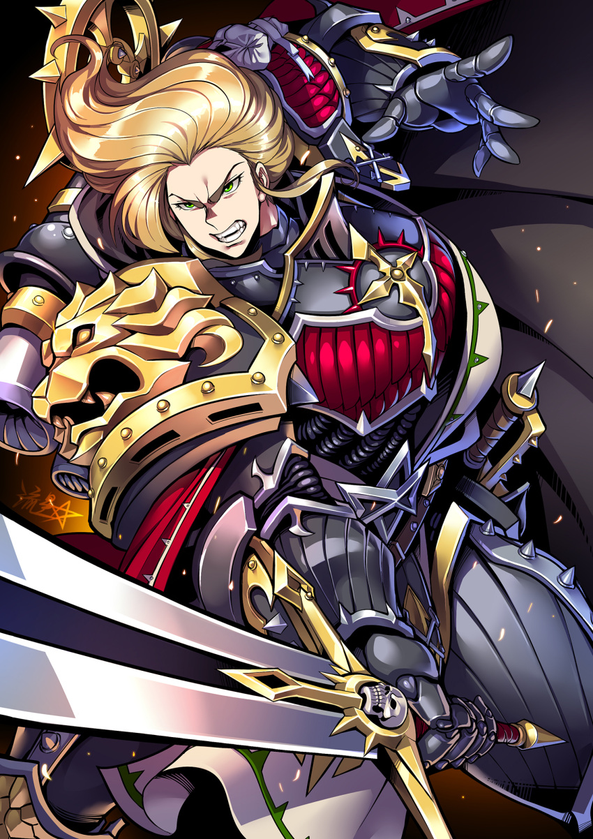 armor black_armor blonde_hair dark_angels female gauntlets genderswap_(mtf) green_eyes highres holding holding_sword holding_weapon imperium_of_man lion_el'jonson lion_sword long_hair power_armor primarch robe rule_63 ryuusei_(mark_ii) solo sword warhammer_40k weapon wolf_blade