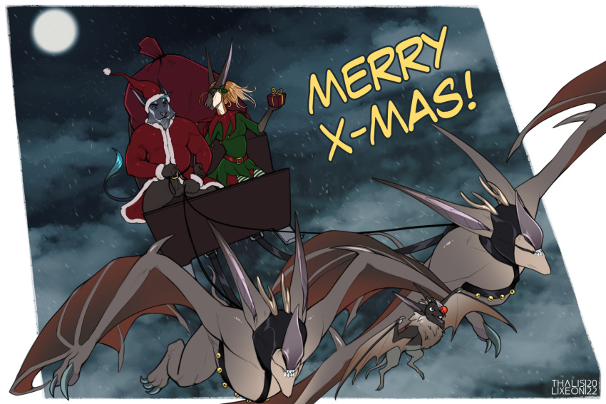 2022 3:2 acrador akilah_(rusty)_nahas anthro bag bat beard bell canid canine canis cheerful christmas christmas_card christmas_cheer christmas_clothing clothing costume digital_media_(artwork) duo elf_costume english_text facial_hair female flying ghorah_(hexo)_khar gift grumpy hair hi_res holidays holly_(plant) jackal long_hair male male/female mammal merry_christmas moon night plant santa_costume sled snow text thalislixeon