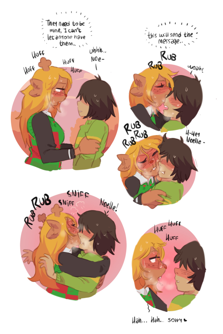 anthro antlers blush bodily_fluids deer deltarune duo english_text female freckles hi_res horn hug human kissing kris_(deltarune) larger_female male male/female mammal markings musk musk_fetish new_world_deer noelle_holiday reindeer roly rubbing scent_marking size_difference smaller_male sweat text undertale_(series)