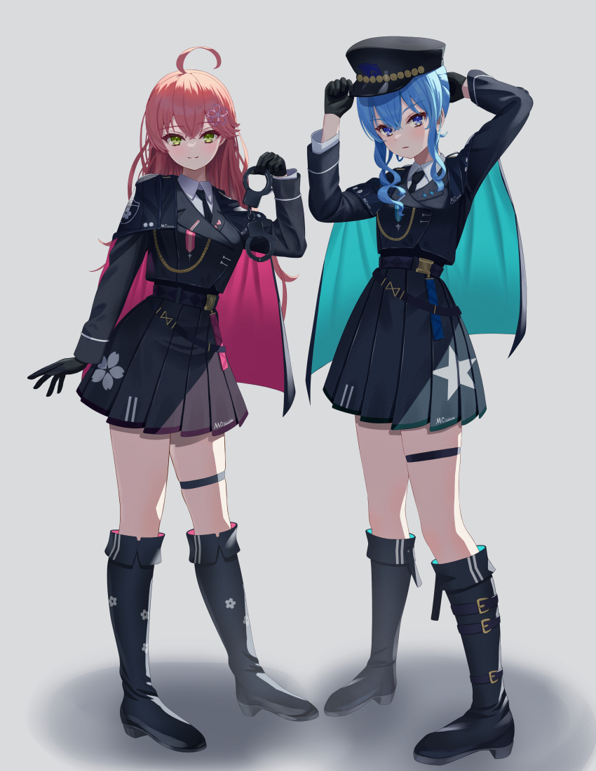 2girls absurdres adjusting_clothes adjusting_headwear ahoge aiguillette arm_at_side asakura_(asa_t77) black_footwear black_gloves black_headwear black_jacket black_necktie black_skirt blue_eyes blue_hair boots capelet closed_mouth collared_shirt commentary_request crossed_bangs cuffs floral_print flower_brooch gloves green_eyes grey_background hair_between_eyes handcuffs hat highres holding holding_handcuffs hololive hoshimachi_suisei jacket knee_boots light_blush long_hair long_sleeves looking_at_viewer micomet_(hololive) multiple_girls necktie peaked_cap pink_hair pleated_skirt police police_uniform policewoman sakura_miko shadow shirt short_hair sidelocks simple_background skirt smile standing star_(symbol) thigh_strap uniform virtual_youtuber white_shirt