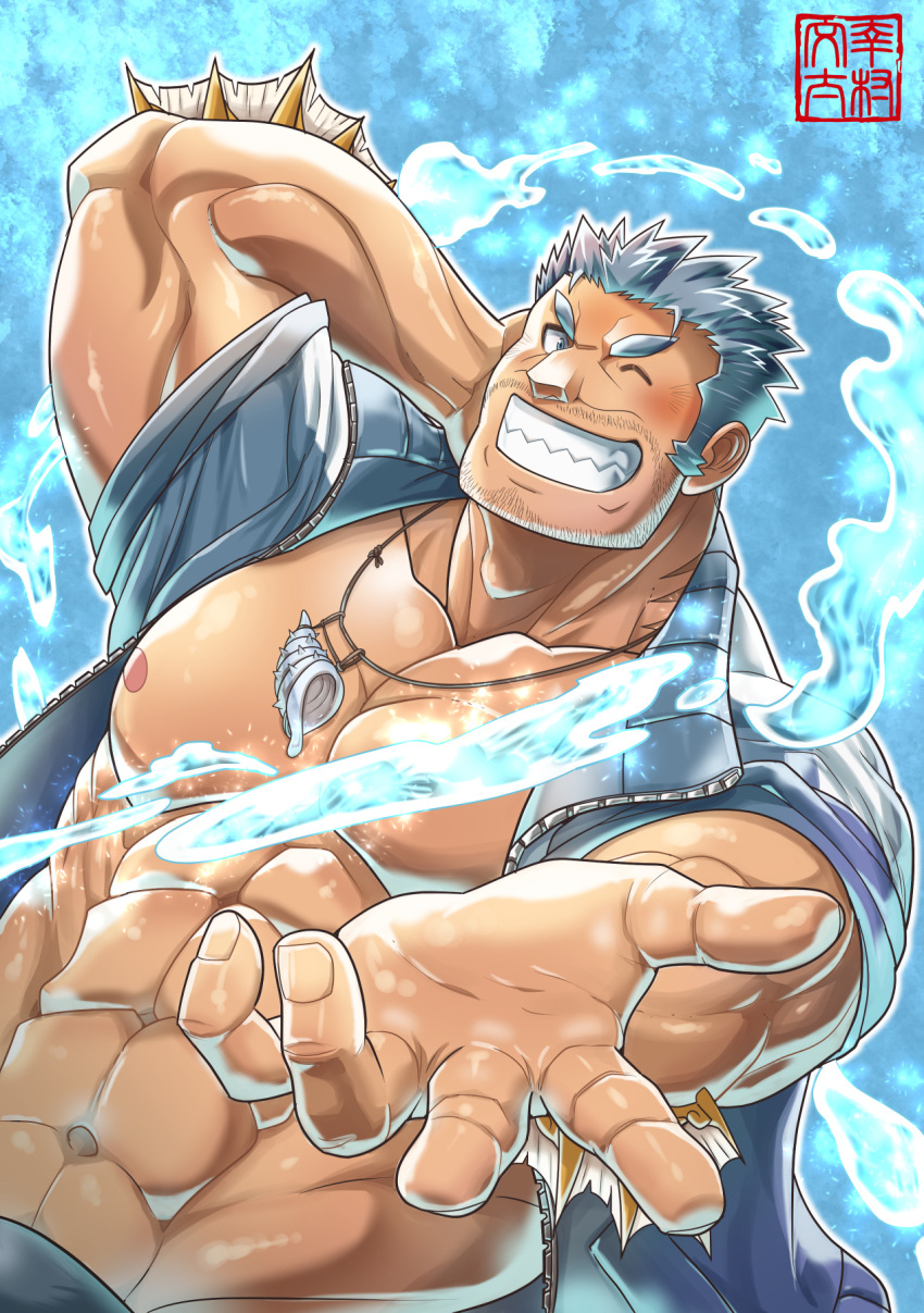 1boy abs arm_behind_head bara bare_pectorals beard blue_eyes blue_hair blush bunta_ru dark-skinned_male dark_skin facial_hair fins fish_boy highres large_pectorals looking_at_viewer male_focus mature_male muscular muscular_male navel nipples one_eye_closed open_clothes open_shirt pectorals sharp_teeth smile solo teeth tokyo_afterschool_summoners triton_(housamo) upper_body water