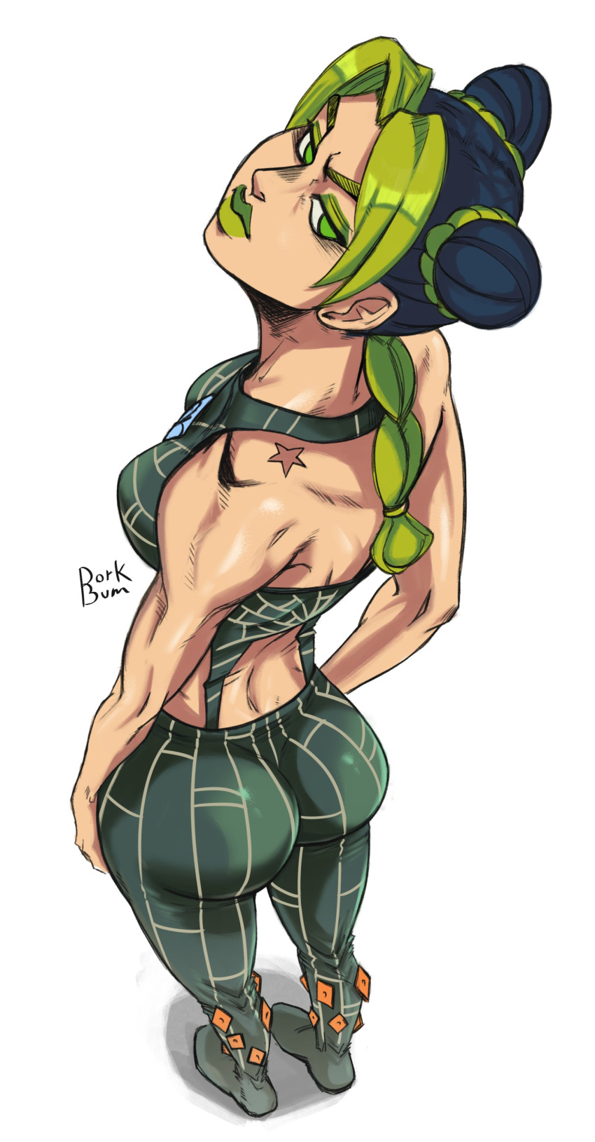 1girls ass ass_focus beauty_mark big_ass big_butt birthmark braid breasts bubble_butt curvy dorkbum double_bun fat_ass female female_focus female_only fully_clothed green_eyes green_hair green_lipstick hair_bun hair_buns hi_res high-angle_view highres joestar_birthmark jojo's_bizarre_adventure jolyne_kujo large_ass light-skinned_female light_skin lipstick looking_back multicolored_hair simple_background solo solo_female solo_focus stone_ocean thick_ass toned toned_female two_tone_hair viewed_from_above voluptuous white_background