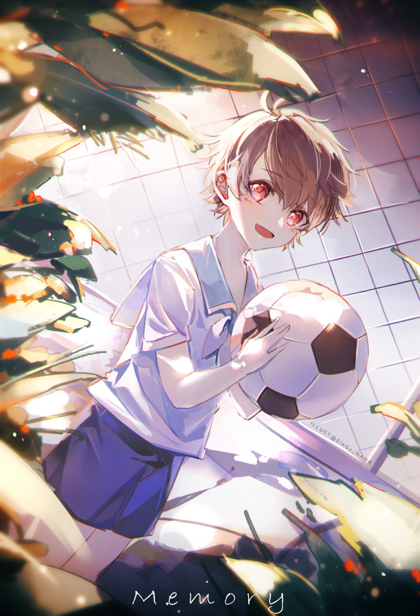 1boy :d aged_down ball blue_shorts brown_eyes brown_hair fence highres holding holding_ball looking_at_viewer luke_pearce_(tears_of_themis) male_focus nana895 open_mouth sailor_collar shirt short_hair short_sleeves shorts smile soccer_ball solo tears_of_themis white_shirt