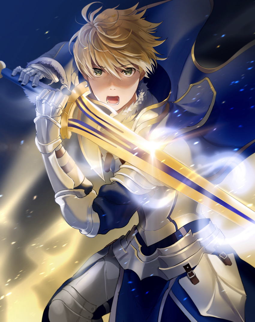 1boy absurdres armor armored_boots armored_dress arthur_pendragon_(fate) bad_id bad_pixiv_id blonde_hair blue_cape blue_dress boba boots breastplate cape dress excalibur_(fate/prototype) fate/grand_order fate/prototype fate_(series) faulds gauntlets greaves green_eyes hair_between_eyes highres holding holding_sword holding_weapon looking_at_viewer male_focus pauldrons short_hair shoulder_armor solo sword weapon