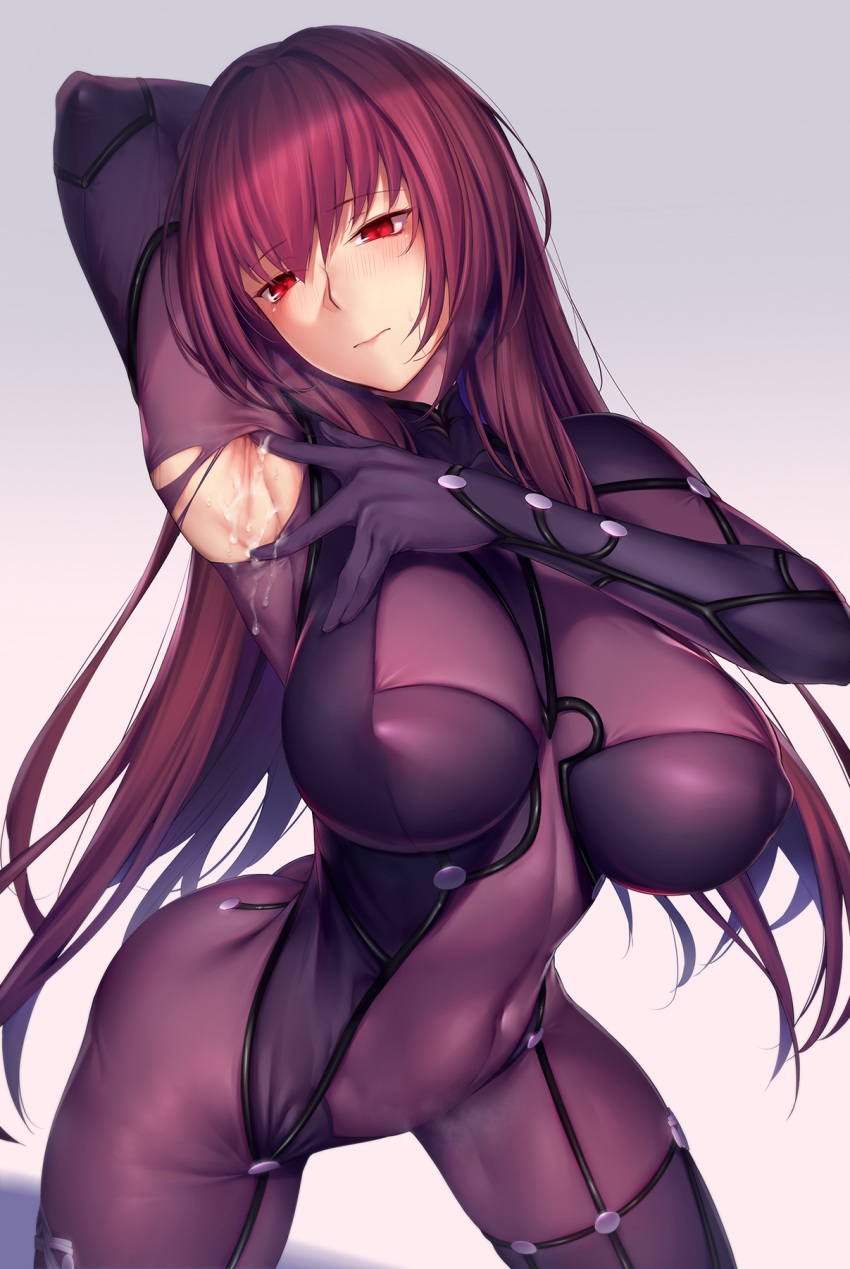 arm_behind_head arm_up armpits blush bodysuit breasts covered_navel cum cum_on_armpits cum_on_body fate/grand_order fate_(series) female hair_intakes highres large_breasts long_hair looking_at_viewer lun7732 photoshop_(medium) purple_bodysuit purple_hair red_eyes scathach_(fate) solo spread_armpit thighs torn_bodysuit torn_clothes