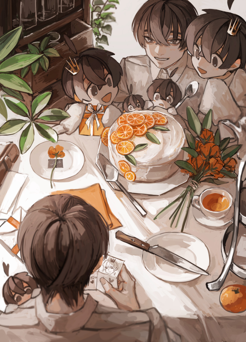 6+boys absurdres ahoge birthday bouquet brown_eyes brown_hair cake cake_slicer collared_shirt commentary crown cup cupboard drawing facing_viewer fatalbug896 flower food from_above from_behind fruit gift highres holding holding_gift holding_spoon indoors knife leaf long_sleeves looking_at_another male_focus mini_crown mini_person miniboy multiple_boys multiple_persona nichts_(fatalbug896) orange_(fruit) orange_flower orange_slice original plant plate shirt short_hair sleeves_past_fingers sleeves_past_wrists smile spoon table tea teacup white_shirt wille_(fatalbug896)