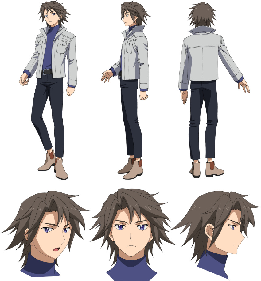 1boy belt brown_hair clenched_hand expressionless gundam gundam_build_divers gundam_build_divers_re:rise highres jacket looking_at_viewer looking_down looking_to_the_side multiple_views official_art open_mouth purple_eyes reference_sheet shidou_masaki shoes transparent_background