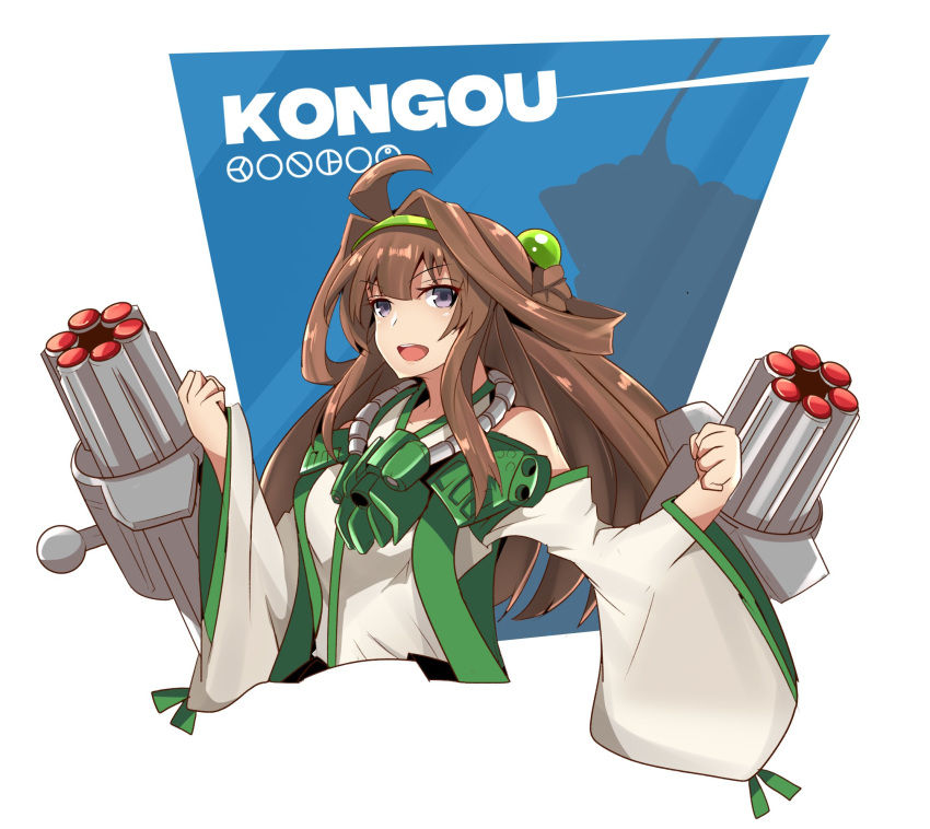 ahoge altronage bad_id bad_twitter_id bionicle blue_background braid character_name clenched_hands commentary commission cosplay cropped_torso english_commentary female green_hairband hair_between_eyes hairband hands_up highres inactive_account kanohi_(bionicle) kantai_collection kongou_(kancolle) kongu_(bionicle) kongu_(bionicle)_(cosplay) long_hair long_sleeves looking_at_viewer matoran_language name_connection open_mouth purple_eyes round_teeth sleeves_past_wrists solo teeth the_lego_group two-tone_background upper_body upper_teeth_only v-shaped_eyebrows very_long_hair white_background wide_sleeves