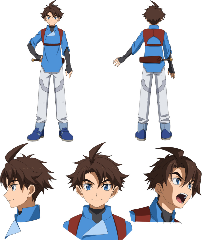 1boy blue_eyes brown_hair dagger gundam gundam_build_divers gundam_build_divers_re:rise highres holstered knife looking_at_viewer male_focus mikami_riku multiple_views official_art open_mouth reference_sheet standing transparent_background weapon