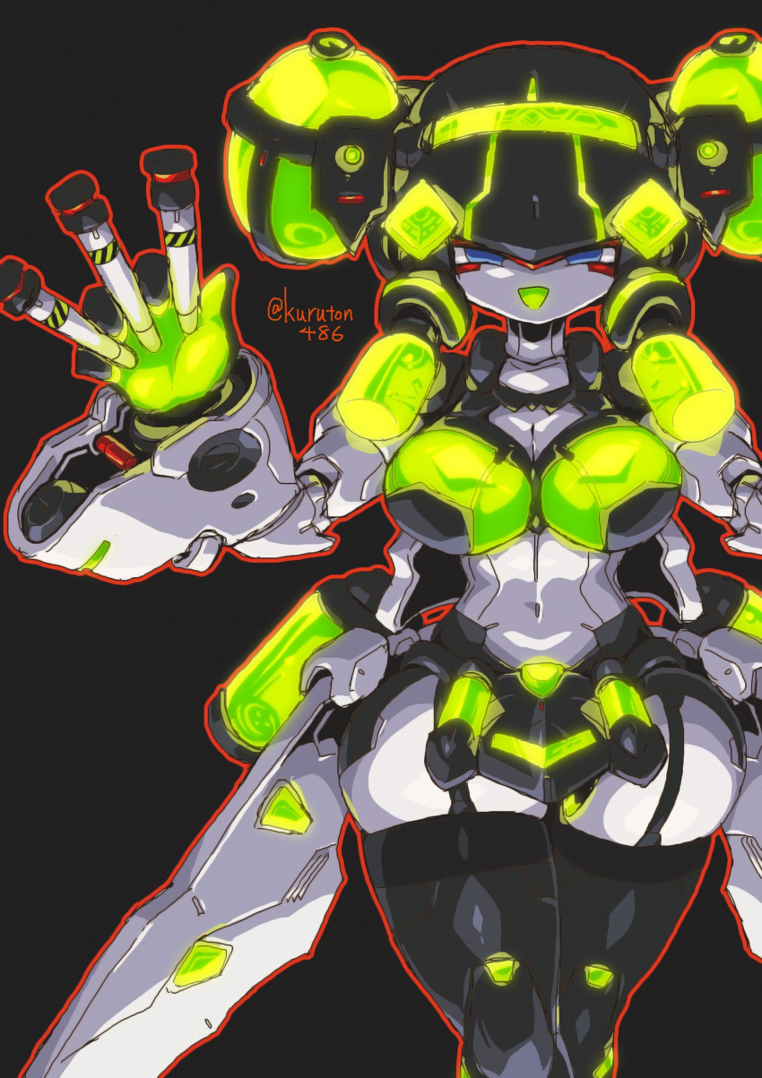 android black_background blue_eyes breasts female glowing half-closed_eyes highres holding kuruton486 large_breasts looking_at_viewer metal_skin navel open_mouth original science_fiction skindentation solo straight-on