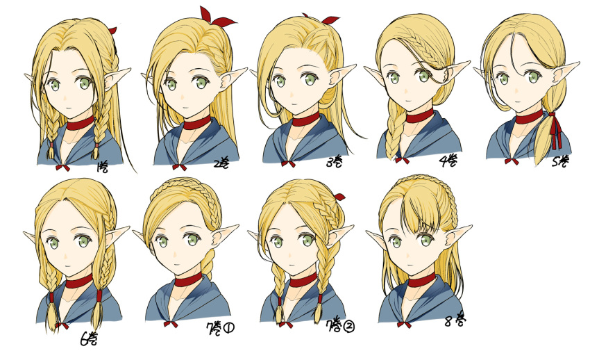 blonde_hair braid choker closed_mouth commentary_request crown_braid dungeon_meshi elf female green_eyes hair_around_ear hair_behind_ear hair_between_eyes hair_over_shoulder hair_ribbon hair_strand hair_tubes long_hair looking_at_viewer low_ponytail marcille_donato moonsorrow multiple_views official_alternate_hairstyle parted_bangs pointy_ears ponytail portrait progression ribbon side_braid simple_background swept_bangs translated twin_braids twintails white_background