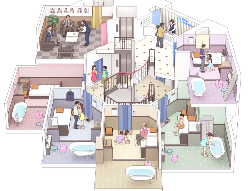 5girls 6+boys air_mattress bath_stool bathroom bathtub bed claw_foot_bathtub commentary cross_section dogeza dollhouse_view glasses holding_hands imminent_fellatio interior kissing kiyo_(kyokyo1220) love_hotel multiple_boys multiple_girls original photoshop_(medium) sitting soapland stairs stool straight tiles