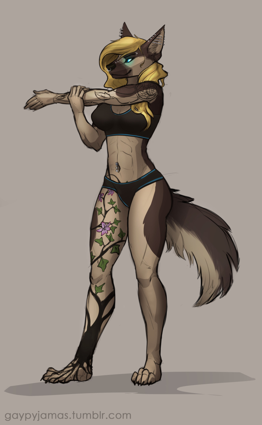 absurd_res anthro breasts canid canine canis clothed clothing domestic_dog female gaypyjamas german_shepherd hair herding_dog hi_res mammal muscular muscular_anthro muscular_female natasha_klopov pastoral_dog piercing simple_background smile solo tattoo