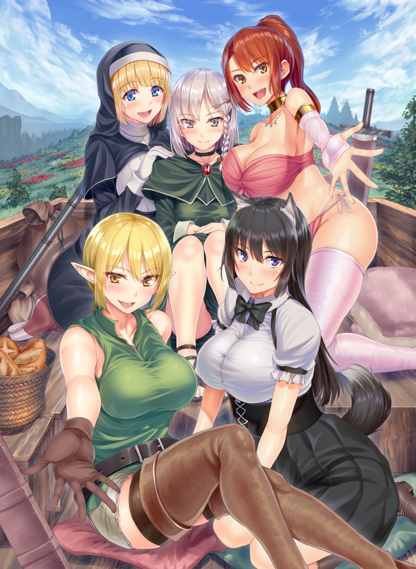 5girls :d aina_(isekai_harem_monogatari) animal_ears armlet baguette bandeau bare_shoulders beckoning belt blue_sky blunt_bangs blush boots bow bowtie braid bread breasts brooch capelet choker cleavage collarbone corset day elbow_gloves elf filia_shiora fingerless_gloves food foreshortening gloves habit hair_ornament hairclip high-waist_skirt highres isekai_harem_monogatari jewelry large_breasts llusse long_hair looking_at_viewer mila_micola multiple_girls necklace novel_illustration nun official_art open_mouth outdoors pointy_ears ponytail shirt short_hair side_braid sitting skindentation skirt sky sleeveless sleeveless_shirt smile sword tachibana_omina tail thigh_boots thighhighs tianne_rutheim weapon white_gloves