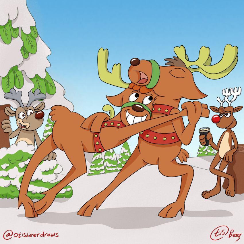 1:1 absurd_res antlers black_eyes brown_body brown_eyes brown_fur christmas dancing deer fur group guinness hi_res holidays horn male mammal new_world_deer otisbeerdraws red_nose reindeer robbie_the_reindeer robbie_the_reindeer_(series) smile spot's_magical_christmas spot_the_dog_(series)