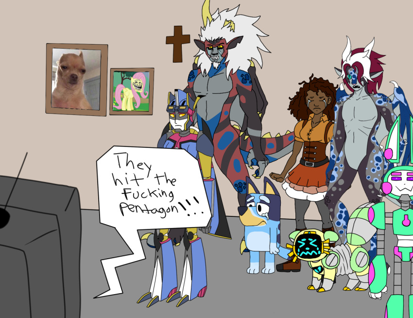 alien anthro australian_cattle_dog bluey_(series) bluey_heeler canid canine canis cattledog characters_reacting_to_sad_breaking_news cookie_waffle crossover dialogue domestic_dog dragon dreki english_text feral fluttershy_(mlp) friendship_is_magic group hasbro herding_dog humanoid lagomorph leporid machine mammal meme my_little_pony mythological_creature mythological_scalie mythology oney_plays pastoral_dog pestydreki profanity rabbit raccoon_dog robot robot_anthro robot_humanoid scalie shitpost source_request tagme tanuki text trollface unknown_character