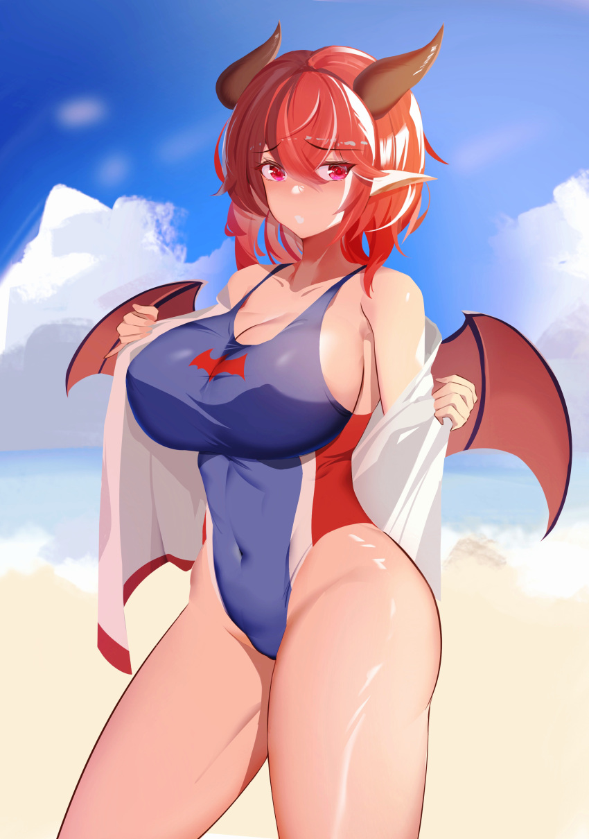 absurdres ankh_man beach breasts cleavage competition_swimsuit covered_navel demon_girl female guardian_tales highres horns large_breasts lifeguard_yuze looking_at_viewer one-piece_swimsuit open_clothes open_mouth outdoors pointy_ears red_eyes red_hair red_wings short_hair solo swimsuit thighs wings