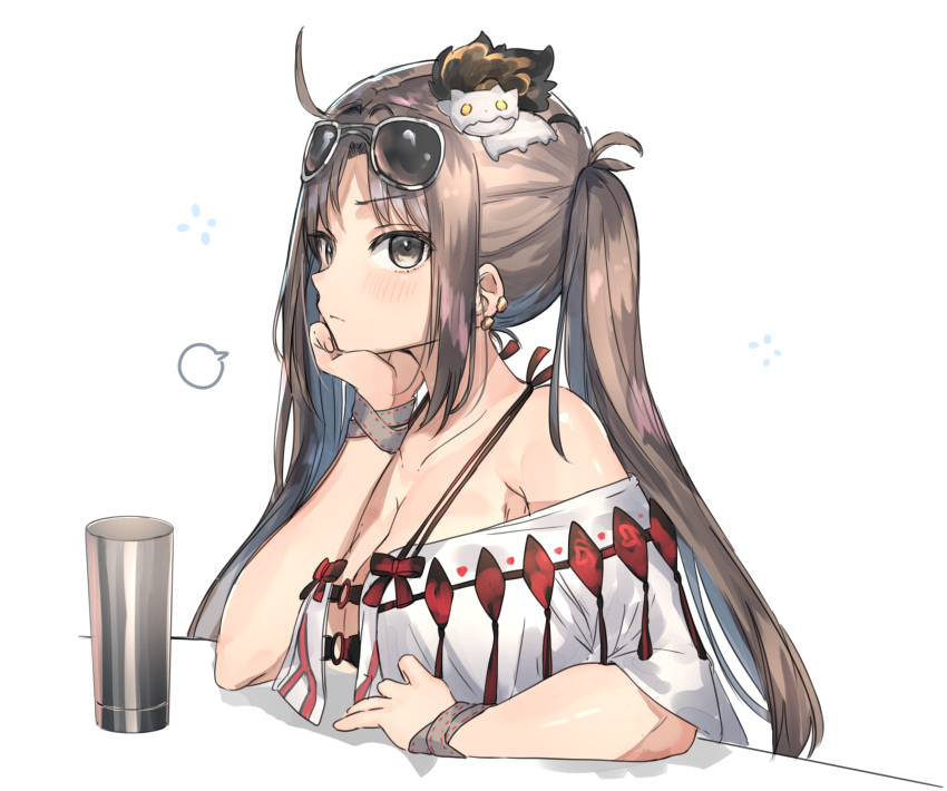 ahoge akuta_hinako armpits blush breasts brown_eyes brown_hair cleavage clenched_hand closed_mouth commentary_request cup earpiece expressionless eyebrows eyewear_on_head fate/grand_order fate_(series) female from_side hair_ornament hand_on_own_chin highres leaning leaning_on_table looking_at_viewer medium_breasts off_shoulder open_clothes open_shirt ranf shirt_straps sidelocks simple_background solo speech_bubble sunglasses table twintails white_background wristband yu_mei-ren_(fate)