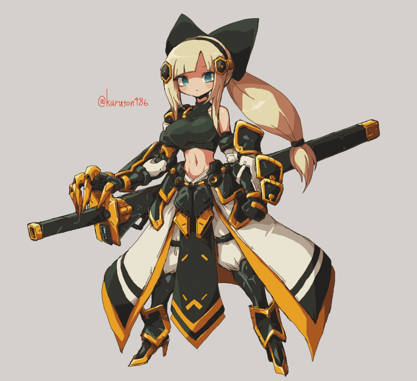 absurdres black_bow black_gloves black_hairband blonde_hair blue_eyes blush bow breasts clenched_hand female gloves hairband hairbow highres kuruton486 large_breasts long_hair looking_at_viewer luca_(kuruton486) mechanical_arms midriff navel original pants single_mechanical_arm solo sword weapon white_pants