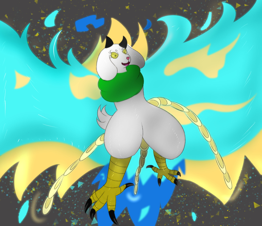 2023 absurd_res anthro avian bovid caprine claws elemental_manipulation european_mythology feet fire fire_manipulation flaming_tail fur greek_mythology green_scarf hi_res humanoid hybrid male mammal miyang miyang_draws! mythological_avian mythological_bird mythological_creature mythological_firebird mythology one_piece open_mouth phoenix scarf simple_background solo tail talons toes white_body white_fur yellow_eyes