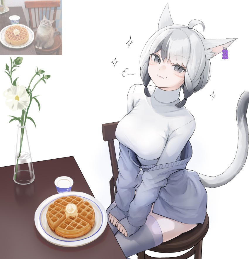 :3 absurdres ahoge animal_ears braid breasts cat_ears cat_tail chair commentary_request doyagao earrings facial_mark feline female final_fantasy final_fantasy_xiv flower food grey_eyes grey_hair highres jazz_the_blini_cat_(meme) jewelry looking_at_viewer medium_breasts meme mihato_senba miqo'te multicolored_hair oerba_yun_fang off_shoulder personification photo-referenced puff_of_air reference_inset short_hair sitting skin_fang slit_pupils smug solo sparkle table tail thighhighs turtleneck twin_braids two-tone_hair vase waffle warrior_of_light_(ff14) whisker_markings white_background