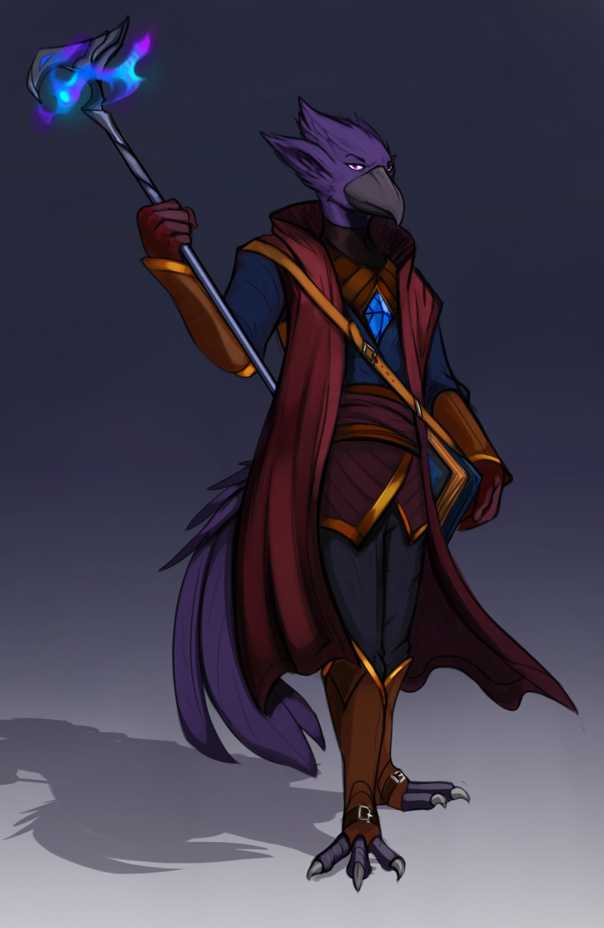 2021 anthro avian beak bird birdaftermidnight black_body black_feathers book clothing corvid corvus_(genus) dark_body dark_feathers feathers gem gradient_background hi_res holding_object hybrid illusion magic magic_user male oscine passerine penkaari purple_eyes purple_sclera raven robe shadow simple_background solo staff standing tail tail_feathers theodore_ashsilver