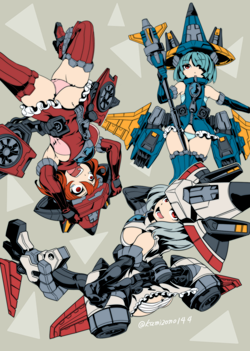 3girls absurdres blue_panties breasts decepticon dirge_(transformers) embarrassed flat_chest genderswap_(mtf) hat highres holding holding_staff humanization kamizono_(spookyhouse) mecha_musume mechanical_wings medium_breasts multiple_girls no_pants open_mouth panties ramjet red_eyes red_panties rule_63 staff thrust_(transformers) transformers transformers:_generation_1 underwear v white_panties wings witch_hat