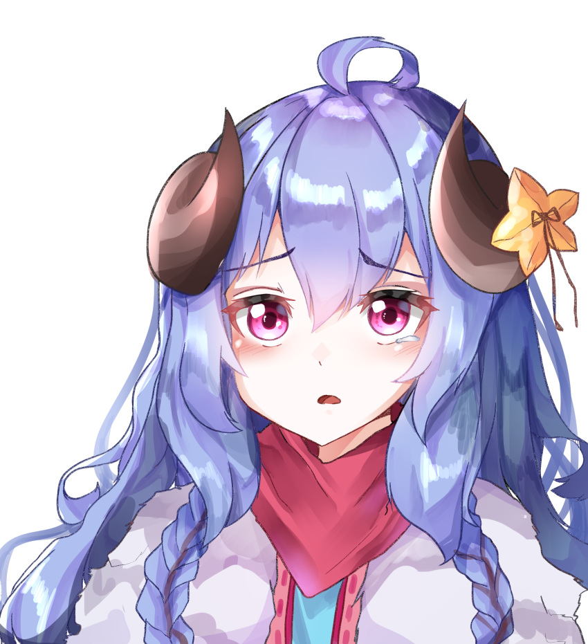 absurdres ahoge alternate_eye_color bad_id bad_pixiv_id blue_hair blush braid commentary_request curled_horns female flower fur_(clothing) hair_between_eyes hair_flower hair_ornament highres horns japanese_clothes kindred_(league_of_legends) korean_commentary lamb_(league_of_legends) league_of_legends long_hair looking_at_viewer no_mask official_alternate_costume official_alternate_hairstyle open_mouth pink_eyes poku.poku. purple_hair ribbon side_braid simple_background spirit_blossom_(league_of_legends) spirit_blossom_kindred tearing_up tears twin_braids white_fur