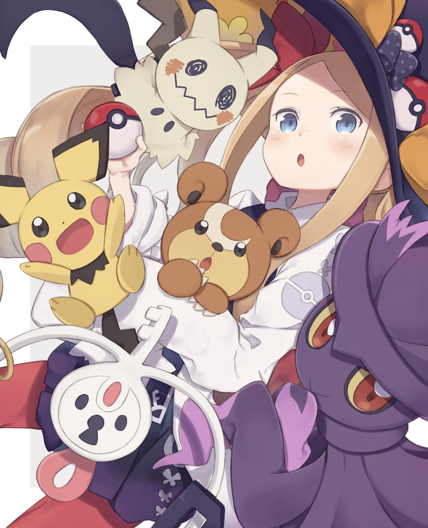 abigail_williams_(fate) black_bow black_headwear black_skirt blonde_hair blue_eyes blush bow commentary_request crossover drill_hair fate/grand_order fate_(series) female forehead hairbow hat highres holding holding_poke_ball klefki long_hair long_sleeves looking_at_viewer mimikyu mismagius open_mouth orange_bow pantyhose parted_bangs pichu poke_ball poke_ball_(basic) poke_ball_print pokemon pokemon_(creature) polka_dot polka_dot_bow red_bow red_legwear shirt skirt teddiursa totatokeke twin_drills white_shirt witch_hat