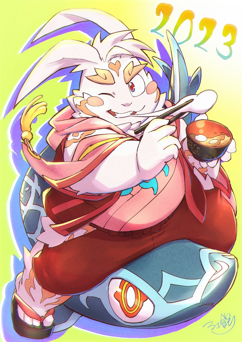 2023 4_toes anthro barefoot clothed clothing daihukudokoro duo eating father_(lore) feet flip_flops food footwear hi_res inaba_(tas) kemono lagomorph leporid lifewonders male mammal musclegut muscular one_eye_closed overweight overweight_male parent_(lore) pawpads rabbit sandals slightly_chubby slightly_chubby_male toes tokyo_afterschool_summoners wink